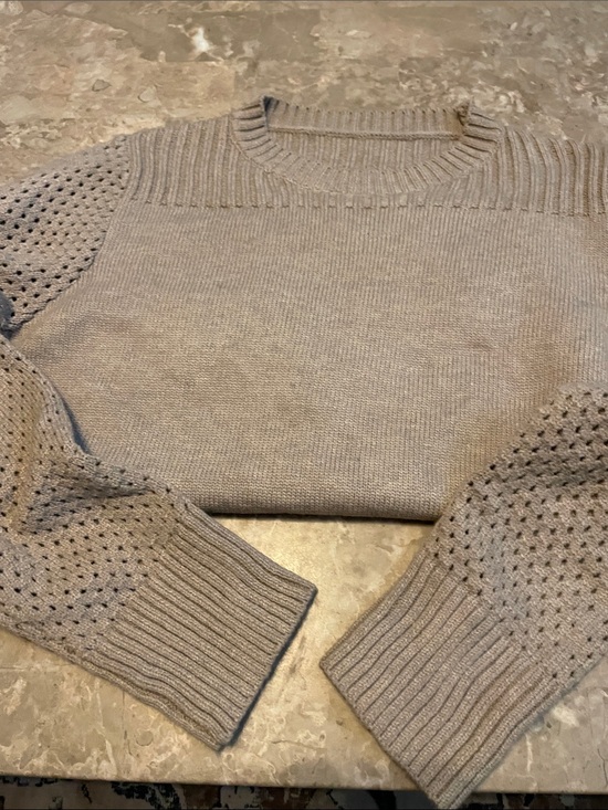 No brand Sweaters - Crewneck Pointelle Sleeve Knit Sweater in Light Gray